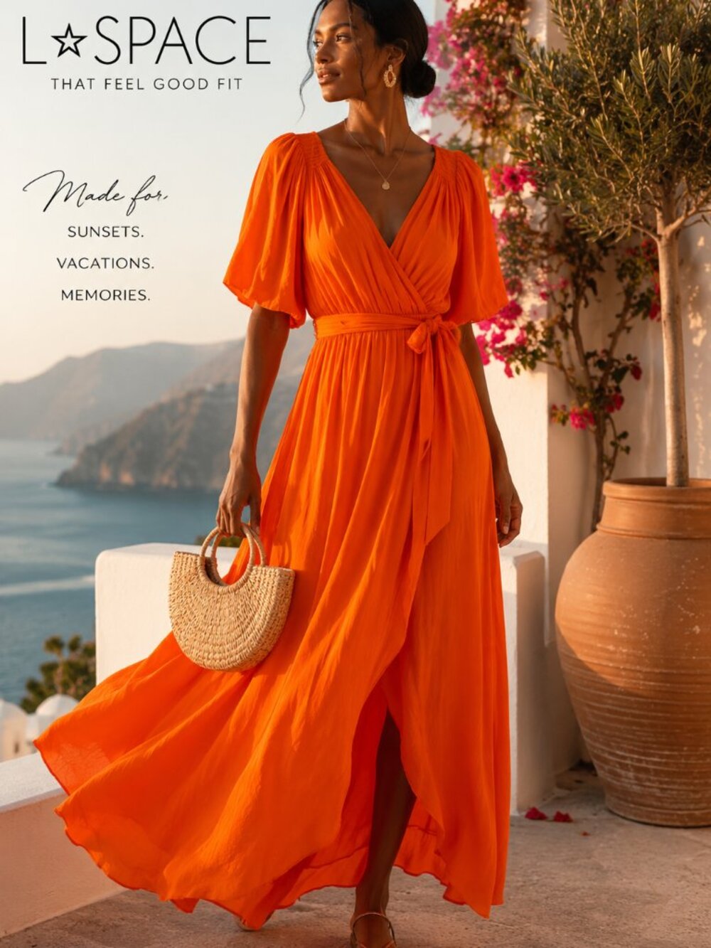 L*Space Orange Wrap Maxi Dress | Medium | Puff Sleeve Resort Vacation Dress
